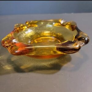 Vintage Amber Glass Ashtray Square Top Round Bottom